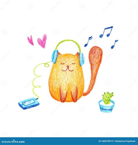 Funny Cartoon Cat Listening To Loud Music On Headphones Happy Cute