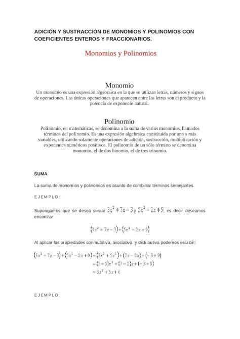 Docx Adici N Y Sustracci N De Monomios Y Polinomios Con Coeficientes