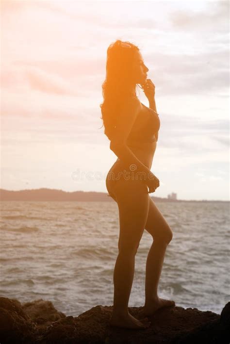 Silhouette D Une Jolie Femme Asiatique En Bikini Posant Sur La Pierre