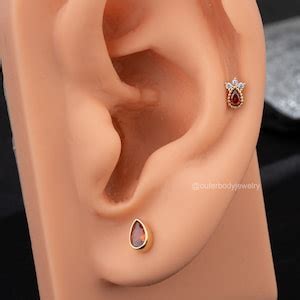 K Solid Gold Garnet Cz Threadless Tiny Cartilage Stud Flat Back