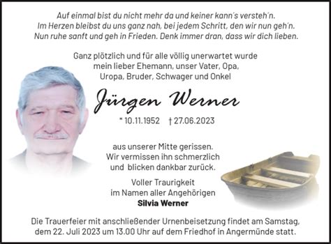 Traueranzeigen Von J Rgen Werner M Rkische Onlinezeitung Trauerportal