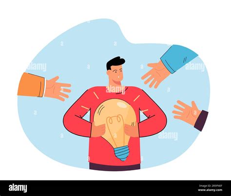 Hands Stretching To Tiny Man With Light Bulb Stock Vector Image And Art