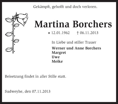 Traueranzeigen Von Martina Borchers Trauer Kreiszeitung De