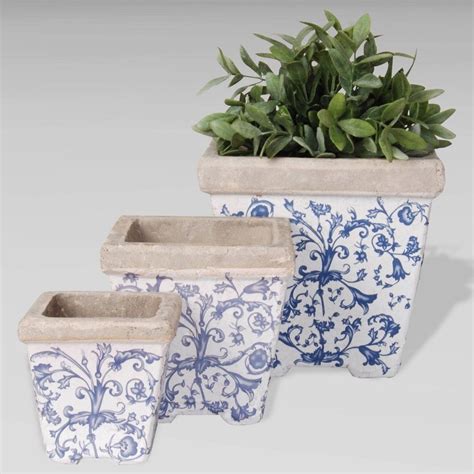 3pc 8 Ceramic Aged Nesting Planters Blue Esschert Design Planters