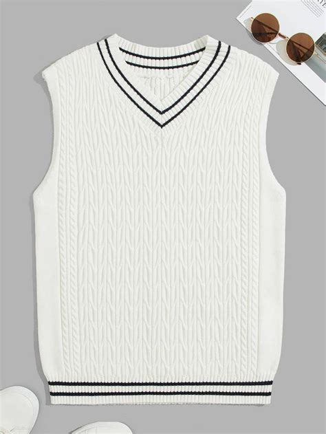 Shein Men Striped Trim Cricket Sweater Vest Sweater Outfits Men Vest Outfits Men Sweater