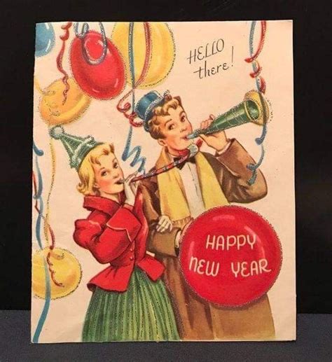 A Happy New Year Card With Two People Playing The Trumpet And Balloons