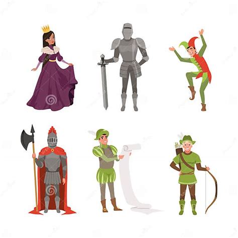 Personajes Medievales Con Reina Caballero En Armor Jester Archer E Ilustración De Vector Herald