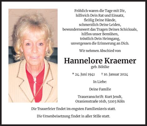 Traueranzeigen Von Hannelore Kraemer WirTrauern