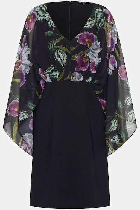 Draped Layered Bodice Floral Dress Black Ulla Popken