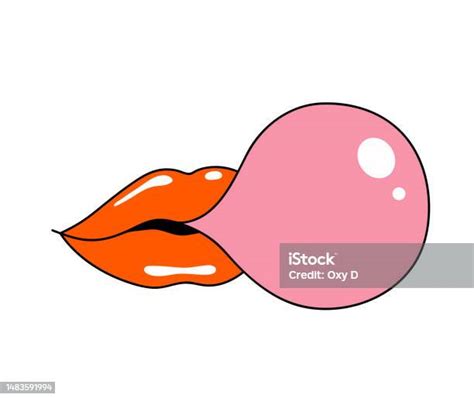 Female Mouth Blowing A Bubble Of Pink Chewing Gum Woman Red Lips Chews Bubble Gum Retro Style