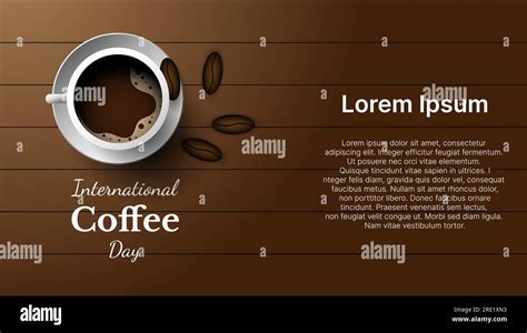 International Coffee Day Banner Design With Wooden Background Vector