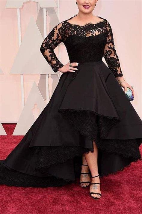 Black Plus Size Prom High Low Long Sleeve Evening Dress With Lace