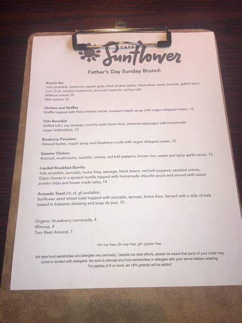 Menu at Cafe Sunflower Buckhead, Atlanta, Peachtree Rd NW