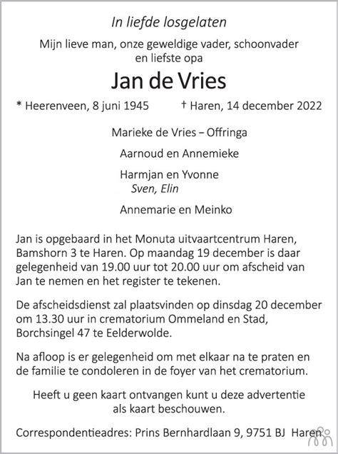 Jan De Vries 14 12 2022 Overlijdensbericht En Condoleances Mensenlinq Nl