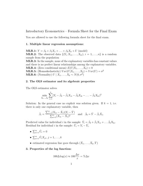 Introductory Econometrics Formula Sheet For The Final Exam