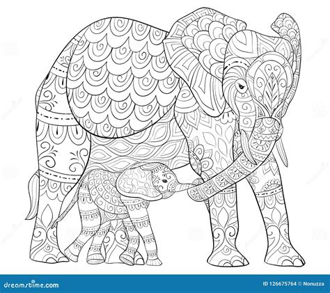 Adult Coloring Bookpage A Pair Of Elephants Illustration For Relaxing Stock Vector