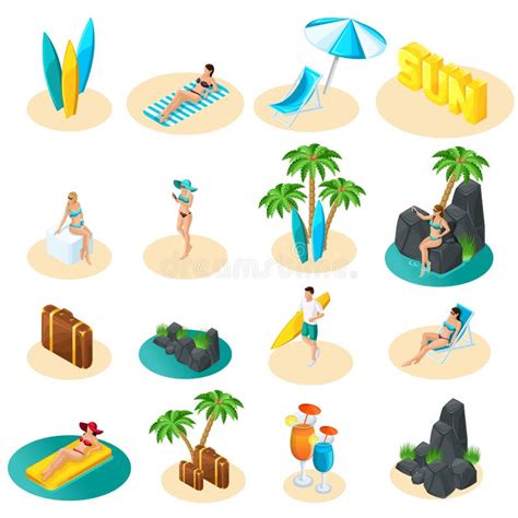 Isometrics Set Of Icons For The Beach Girls In Bikini Guy With Surfboard Palm Trees Sun Sea