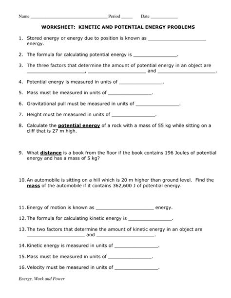 Potential And Kinetic Energy Worksheets