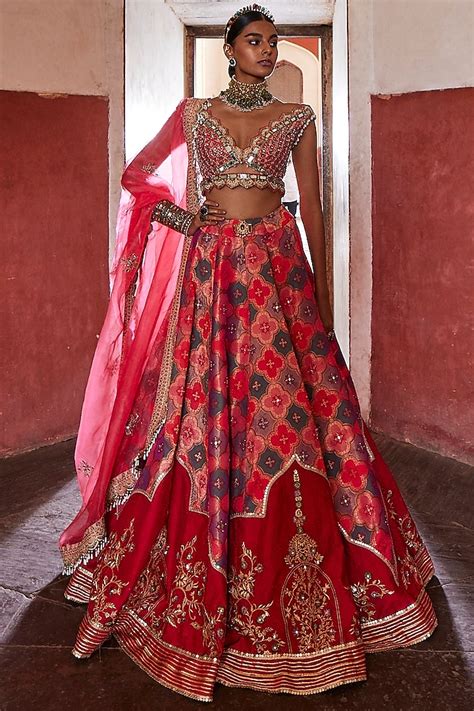 Coral Woven Silk Embroidered Banarasi Wedding Lehenga Set By Aditi