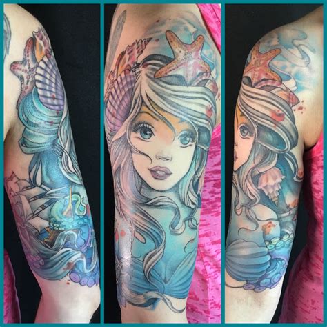 three different views of a woman's arm with mermaid tattoos on her left arm