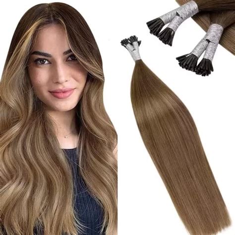 Laavoo Remy Hair Extensions Ombre I Tip Medium Brown Balayage Light Brown Fading To