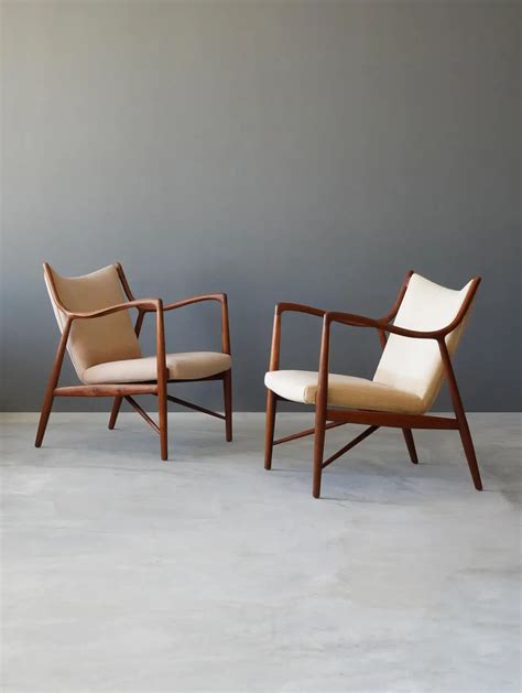 Finn Juhl NV 45 Lounge Chairs Teak Fabric Niels Vodder Denmark