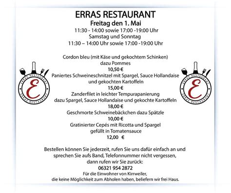 Speisekarte Von Erras Restaurant Kirrweiler Pfalz Hauptstra E