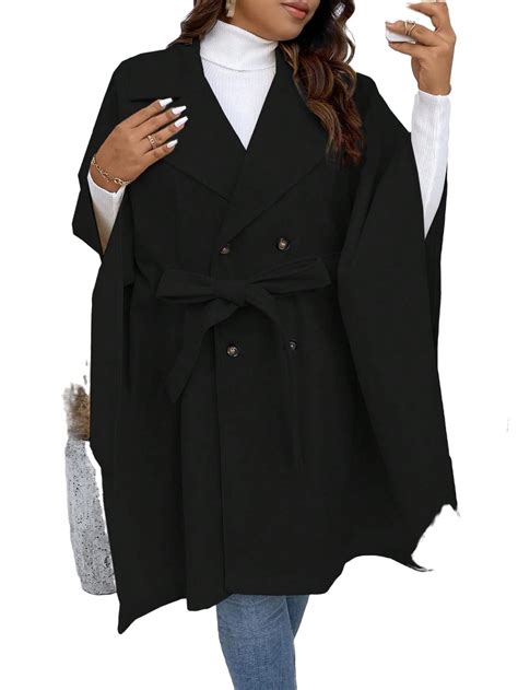 Casual Plain Lapel Neck Long Sleeve Black Plus Size Overcoats Womens