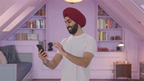 Happy Sikh Indian Man Scrolling Phone People Stock Footage Ft Sardar