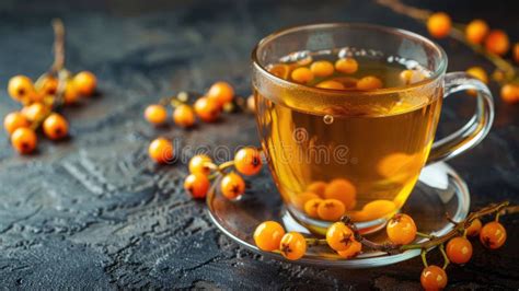 Herbal Vitamin Tea With Sea Buckthorn Berries Served On A Dark