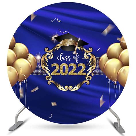 A Blue Graduation Plate With Gold Balloons And The Words Class Of 202 On It Surrounded By Confetti