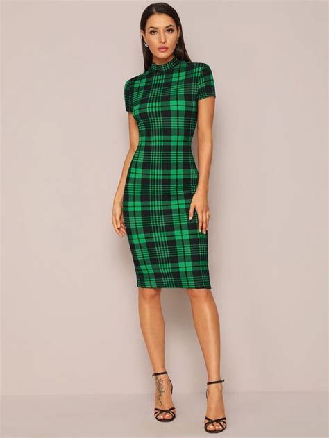 Shein Priv Mock Neck Plaid Form Fitted Dress Shein Usa