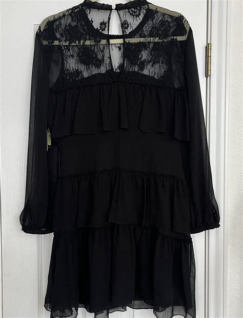 NWT Gianni Bini Black Lace Tiered Dress With Sheer Sleeves Mini Sz