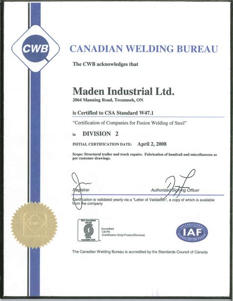 Certifications Maden Industrial Ltd