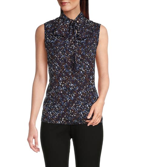 Anne Klein Tie Mock Neck Sleeveless Printed Top Dillards