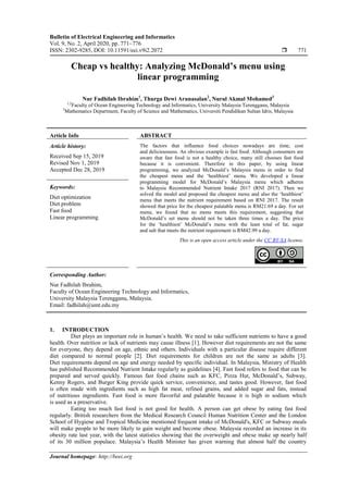 Cheap Vs Healthy Analyzing Mcdonalds Menu Using Linear Programming Pdf