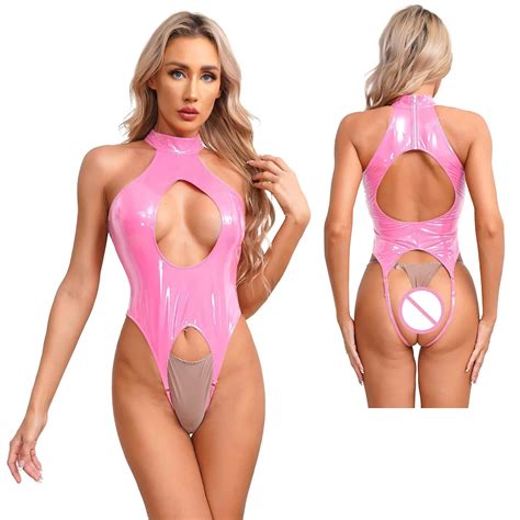 Porno Latex Bodysuit Lederen Open Kruis Lingerie Holle Borst Harnas Halter Sexy Catsuit Jumpsuit
