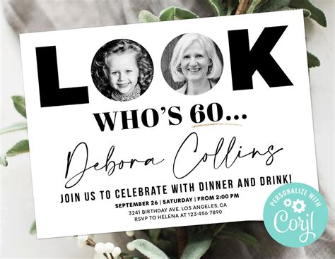 Look Whos 60 Birthday Invitation With Photo Picture Black And White Simple Aesthetic Sixtieth