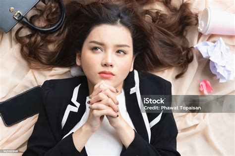 Top View Beautiful Young Asian Businesswoman Feeling Tired From Work In