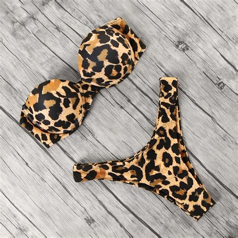 Sexy Bikini Leopard Bikini Set Off Shoulder Swimwear Women Swimsuit