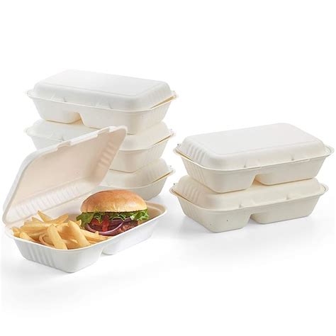 Buy 100 Compostable Clamshell To Go Boxes For Food 9X6 2 Compartment