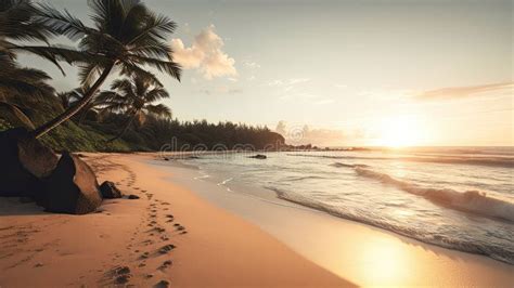 Tropical Vacation Sunset On The Beach Ocean Sandy Shore At Dawn Stock