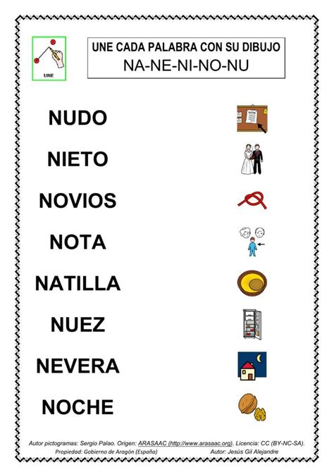 Une palabra y dibujo na ne ni no nu minúscula worksheet Lectura y
