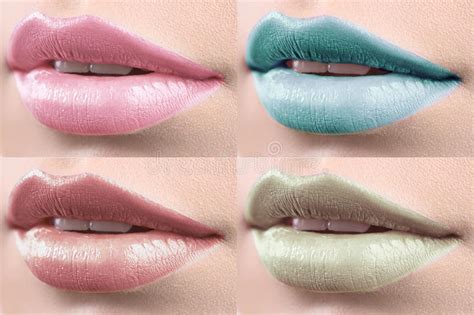 Collage Of Female Lips Covered In Lipstick Stock Image Image Of