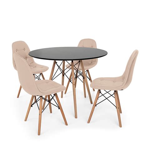 Conjunto Mesa De Jantar Eiffel 80cm Preta 4 Cadeiras Charles Eames Wood Botonê Nude Leroy