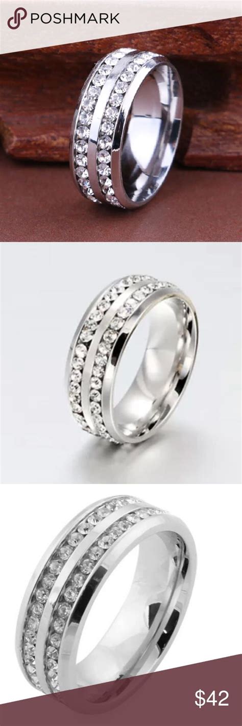 Stainless Steel Wedding Band Size 9 Silver Crystal Stainless Steel