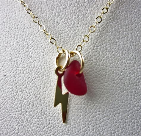 Rare Red Sea Glass Necklace For Her With Gold Filled Lightning Bolt