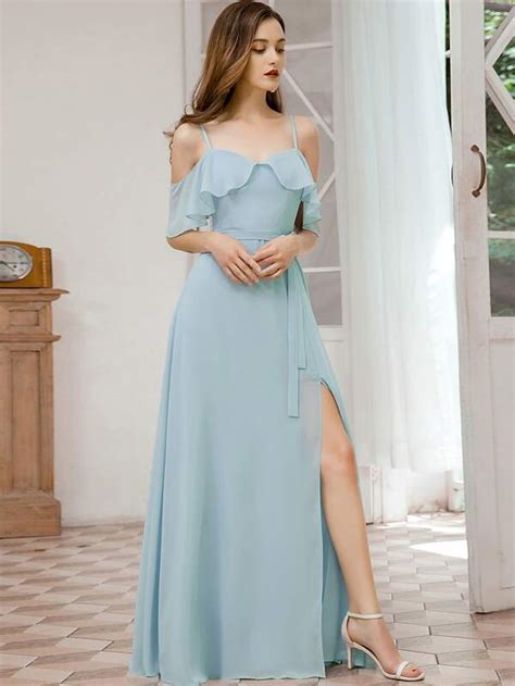 Ever Pretty Cold Shoulder Split Thigh Belted Chiffon Prom Dress Shein Usa