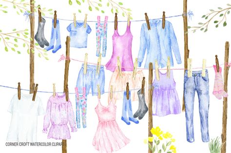 Watercolor washing line clipart, clothes line clipart, dress, jean, peg ...