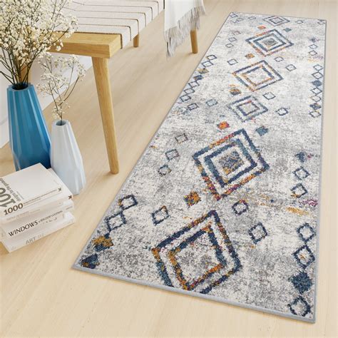 TAPISO Lazur Tapis de Couloir Gris Crème Bleu Ethnique Polypropylène